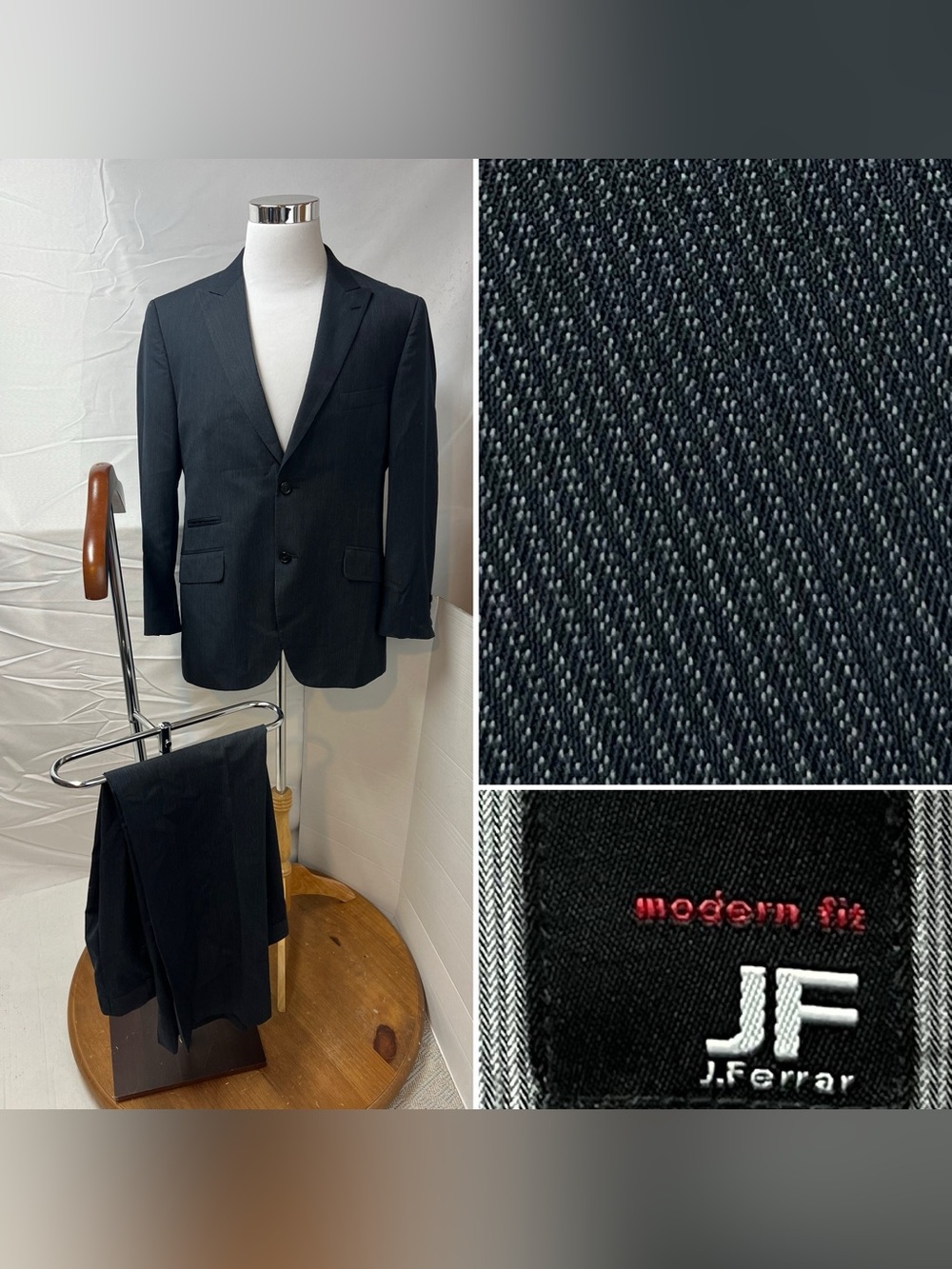 J. Ferrar Men's 42R Blazer 34x30 Pants Black Pinstripe Modern Fit Suit